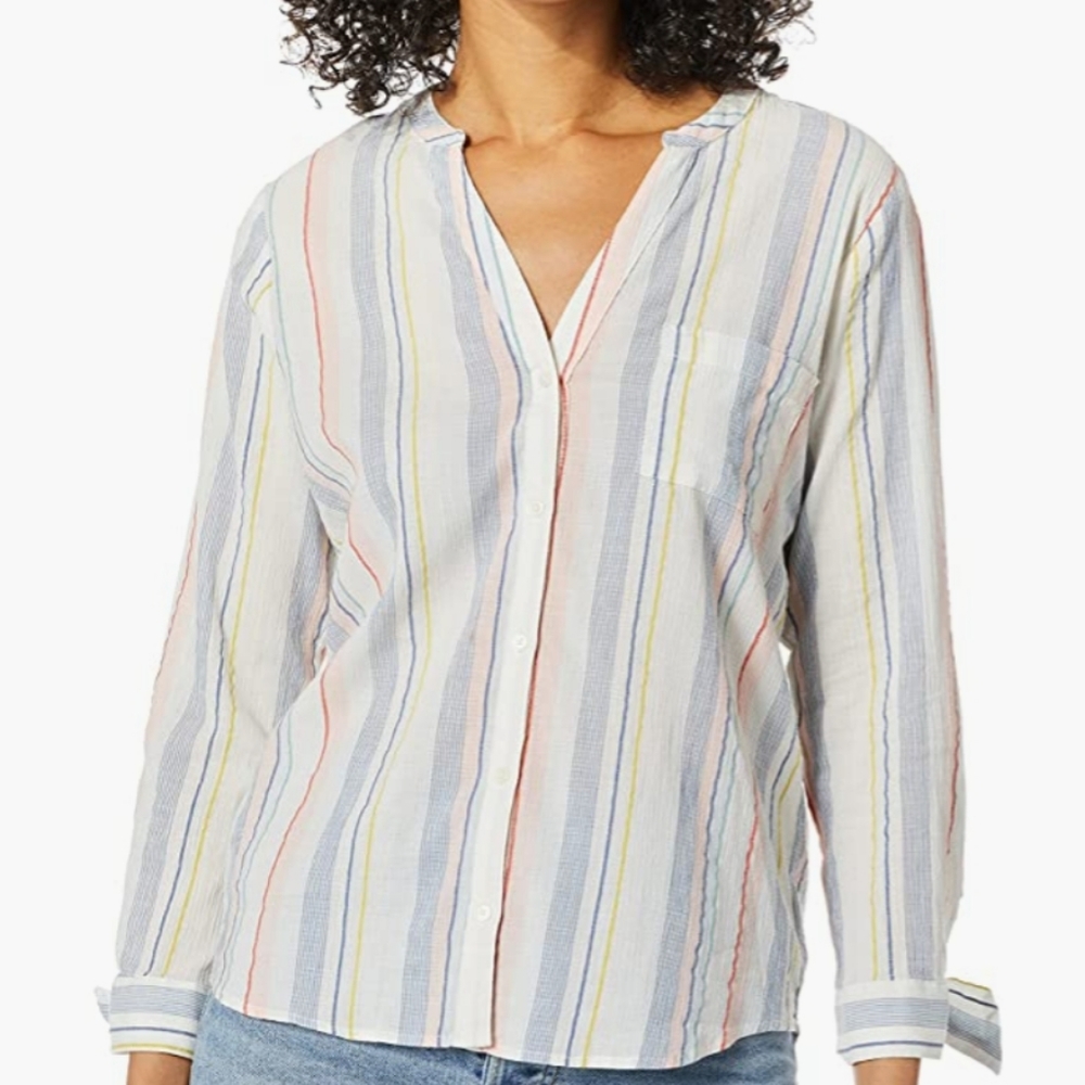 J Crew Mercantile Shirt Striped Crepe Button Up Top White Blue Pink size Small
